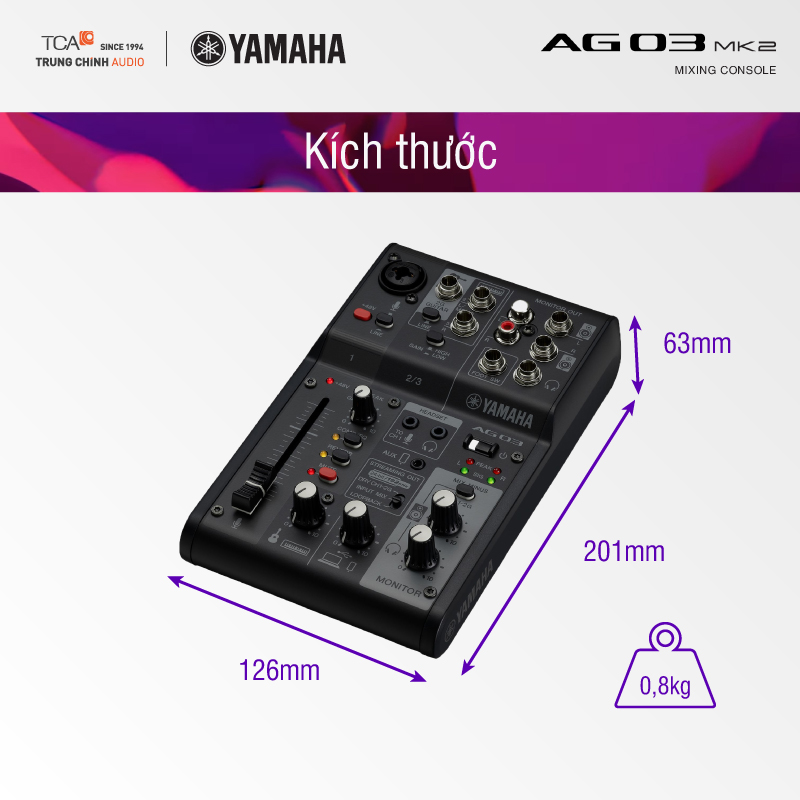 Mixer Yamaha AG03MK2 kích thước
