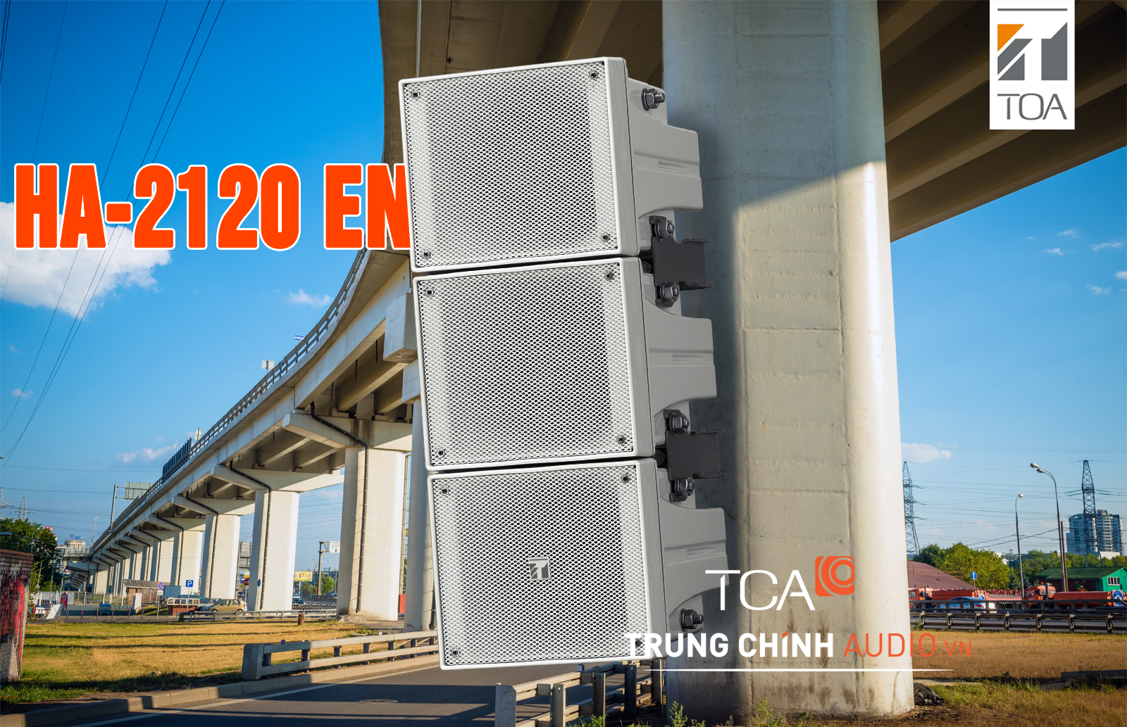 Loa nén array tầm xa TOA HA-2120EN mô phỏng ứng dụng phát thông báo tại khu vực cầu đường, gầm cầu và hạ tầng giao thông ngoài trời