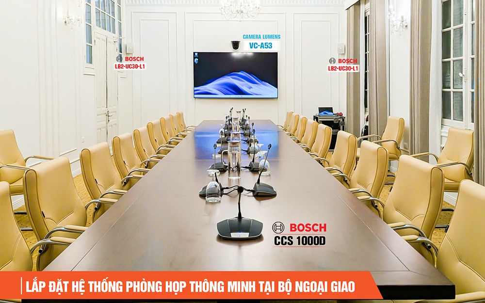 Hệ thống âm thanh Bosch CCS1000D kết hợp camera Lumens tại phòng hội thảo trực tuyến