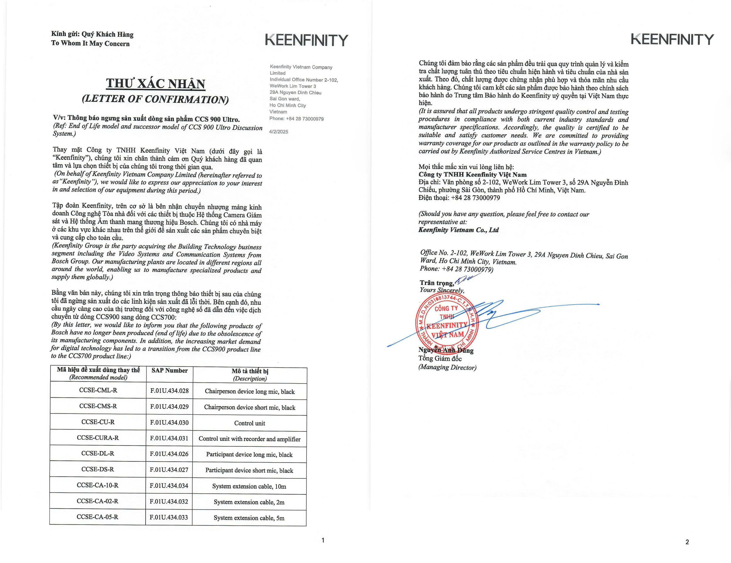 Giấy thông báo ngừng sản xuất dòng Bosch CCS900 Ultro