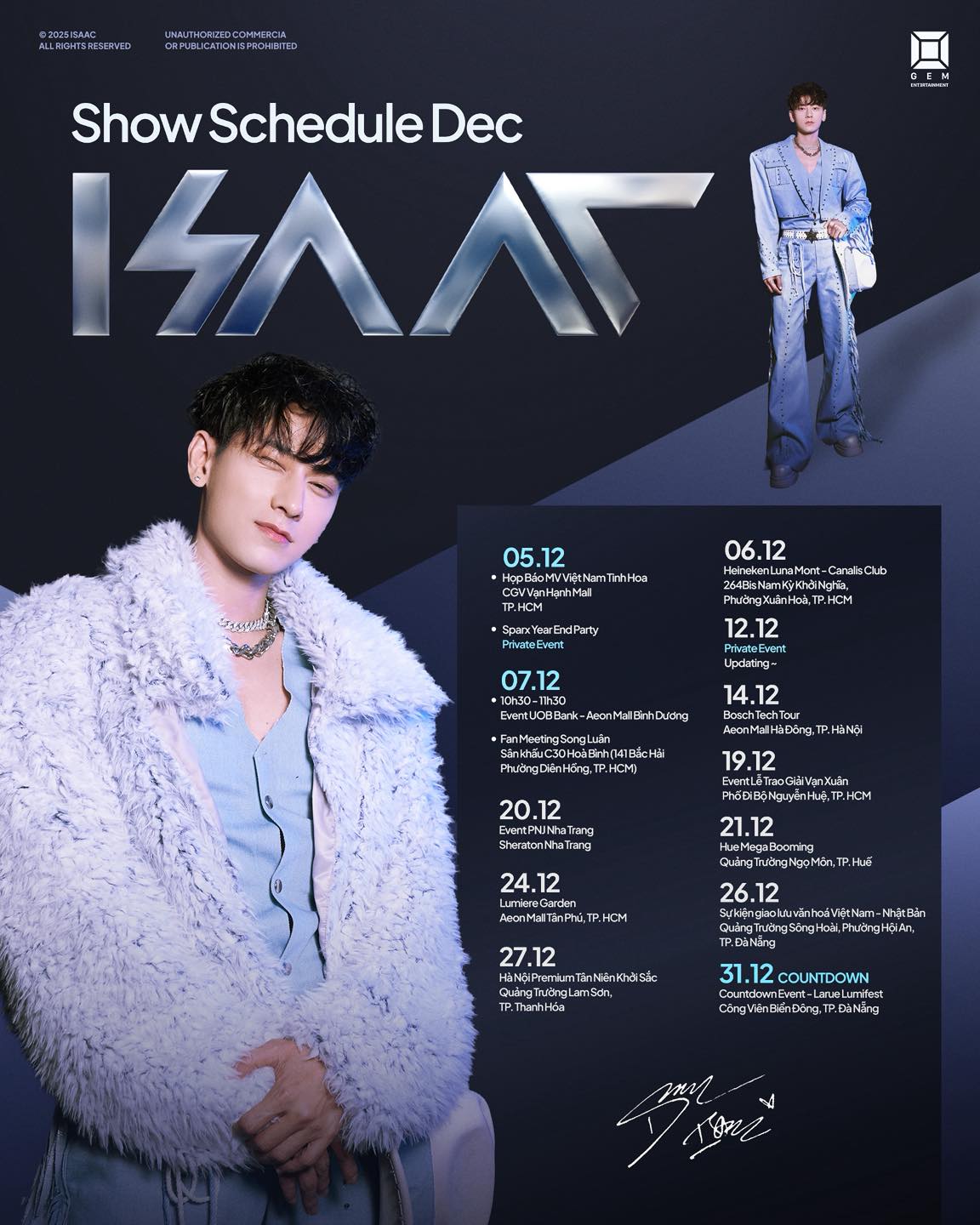 lịch biểu diễn tháng 12 của ca sĩ isaac