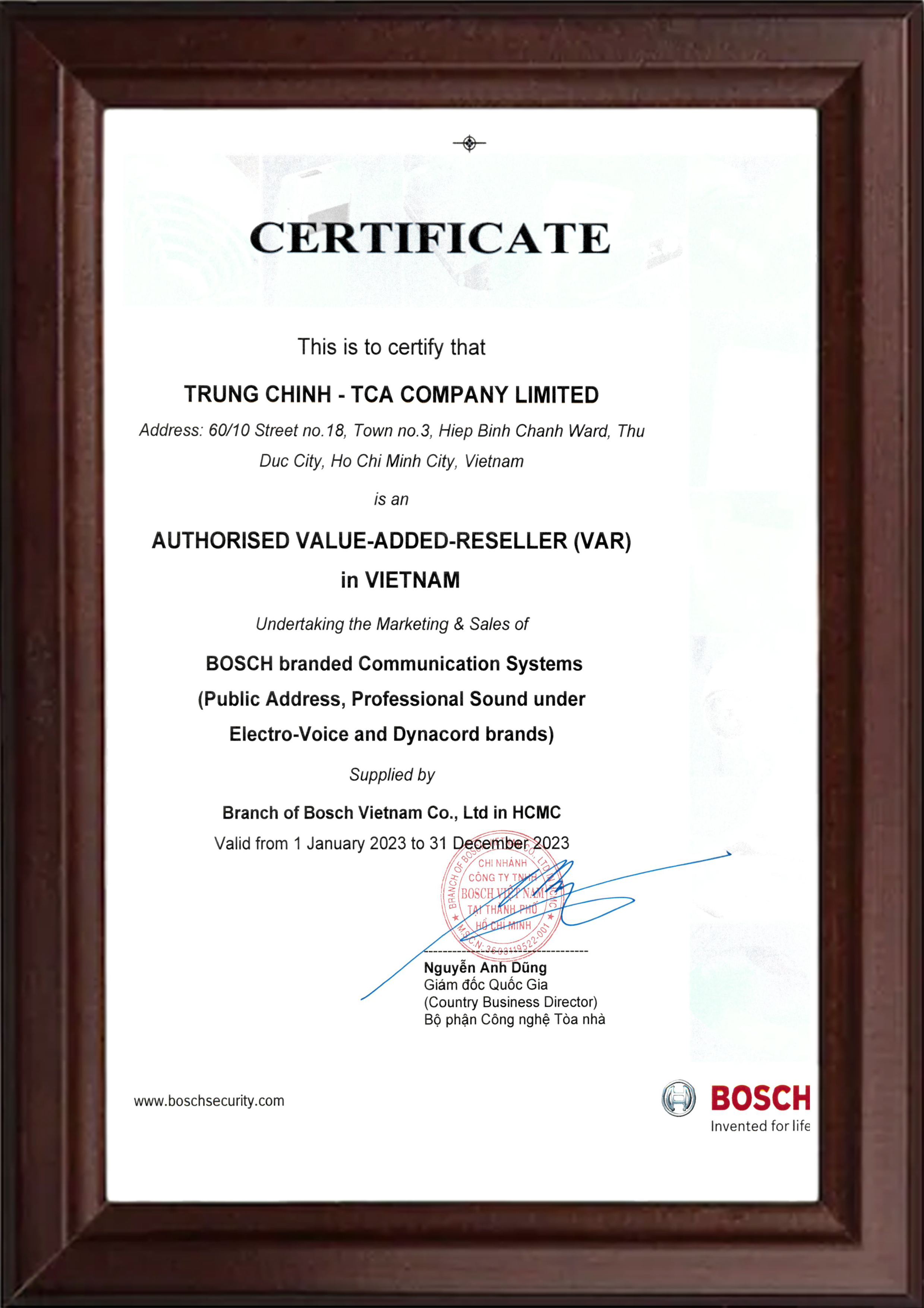 Chứng nhận Hợp tác kinh doanh giữa Bosch & TCA