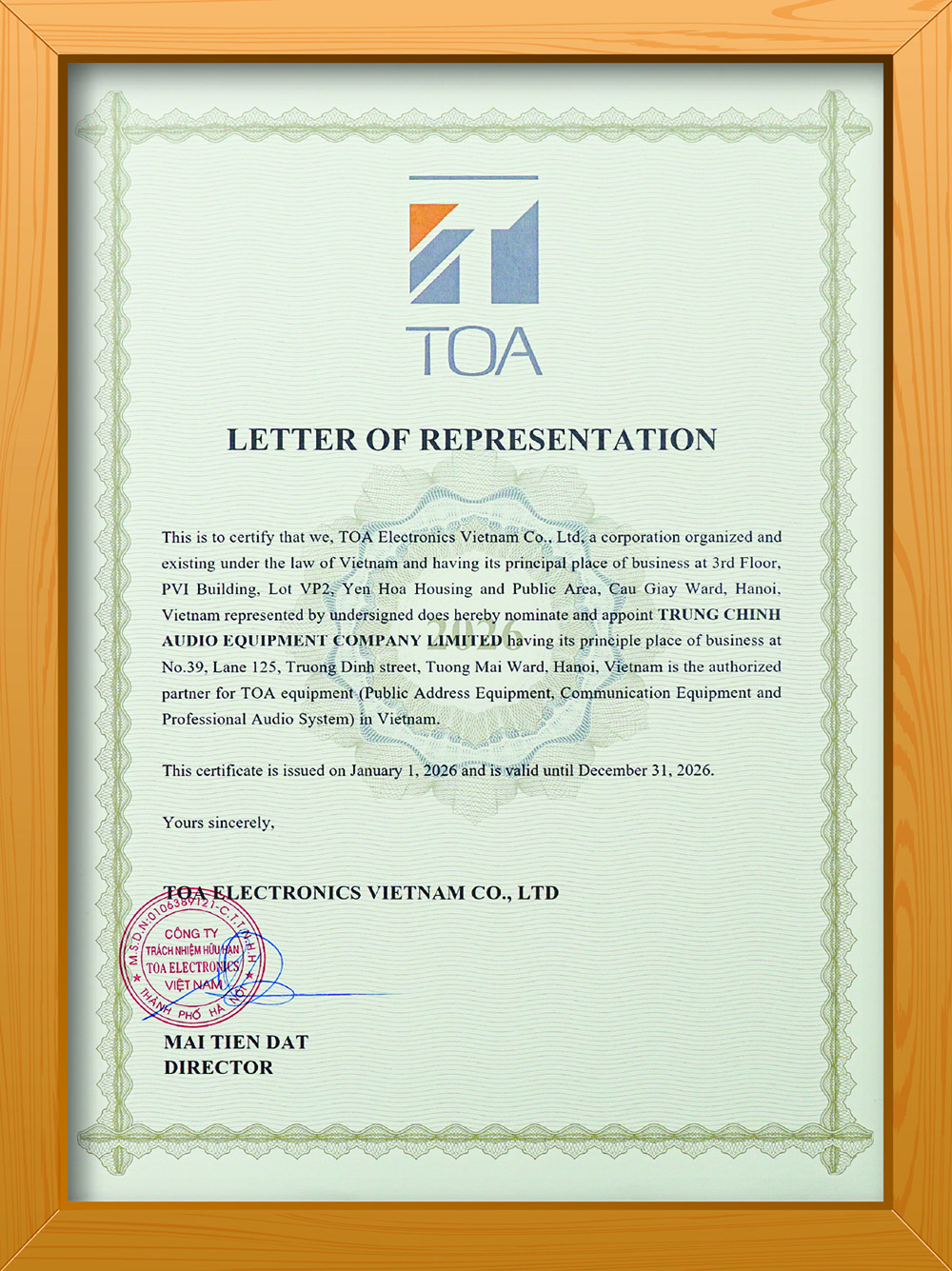 Thư xác nhận đại lý ủy quyền của TOA năm 2026