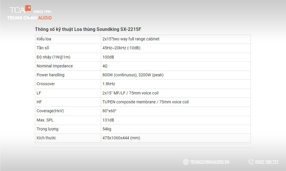 Thông số kỹ thuật loa thùng Soundking SX-2215F