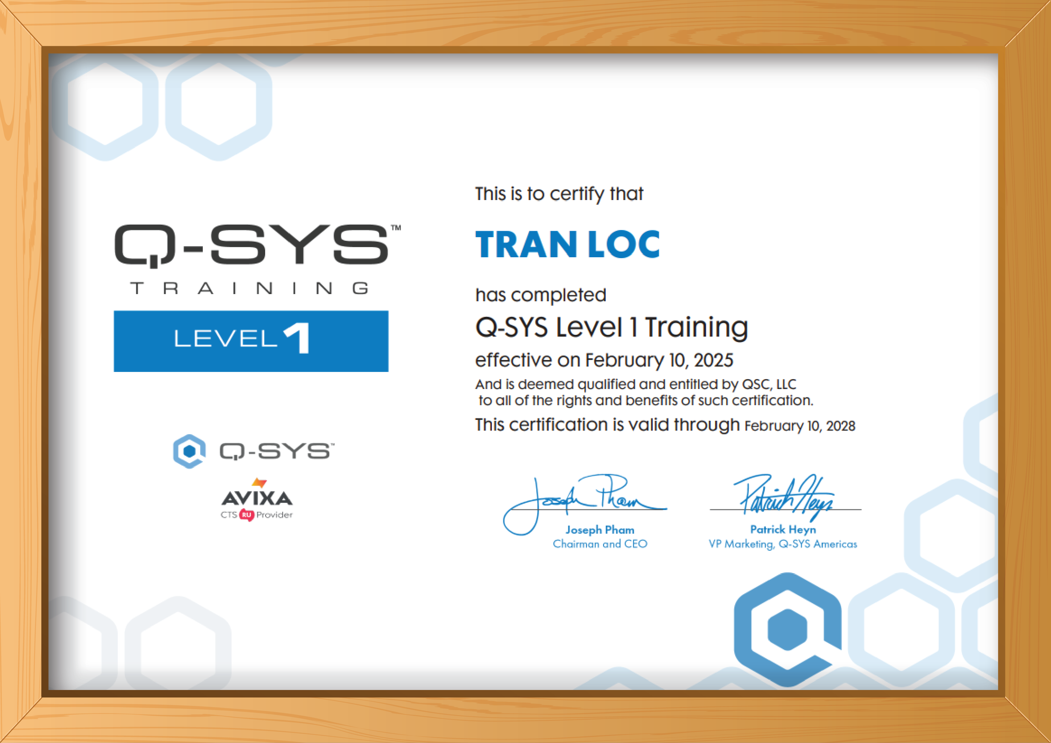 Giấy chứng nhận hoàn thành "Q-SYS Level 1 Training" của Trần Đức Lộc 